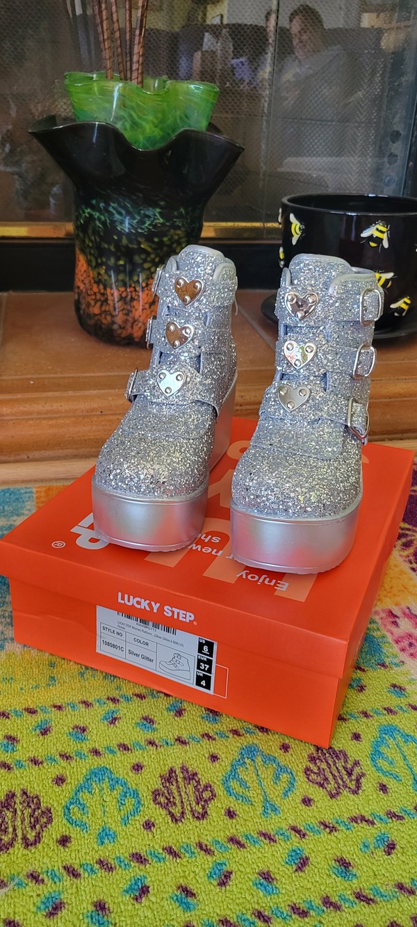 Lucky Step Hippie Platform Glitter Sneakers with Buckles,Hearts, Side Zip